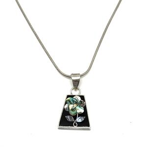 Taxco Sterling Silver Necklace with Black Onyx and Abalone Flower Inlay Pendant